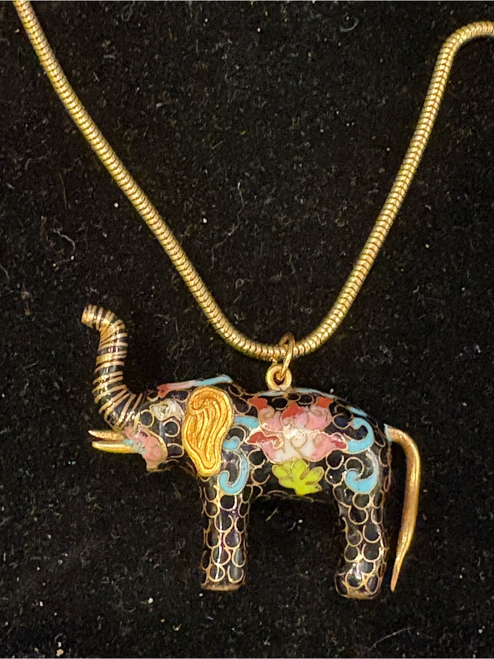 Vintage Gold-Tone Multicolor Cloisonné Elephant Pendant Necklace